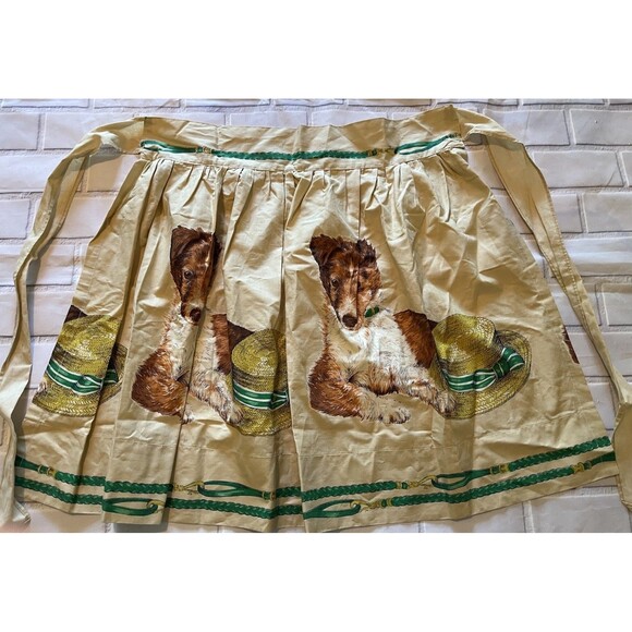Vintage Half Apron Border Collie Puppy Dog with Sun Hat Tan Ties in Back - Picture 1 of 9